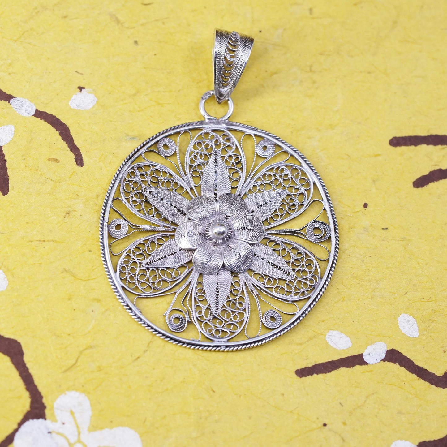Vintage Sterling silver handmade pendant, 925 filigree flower, silver tested