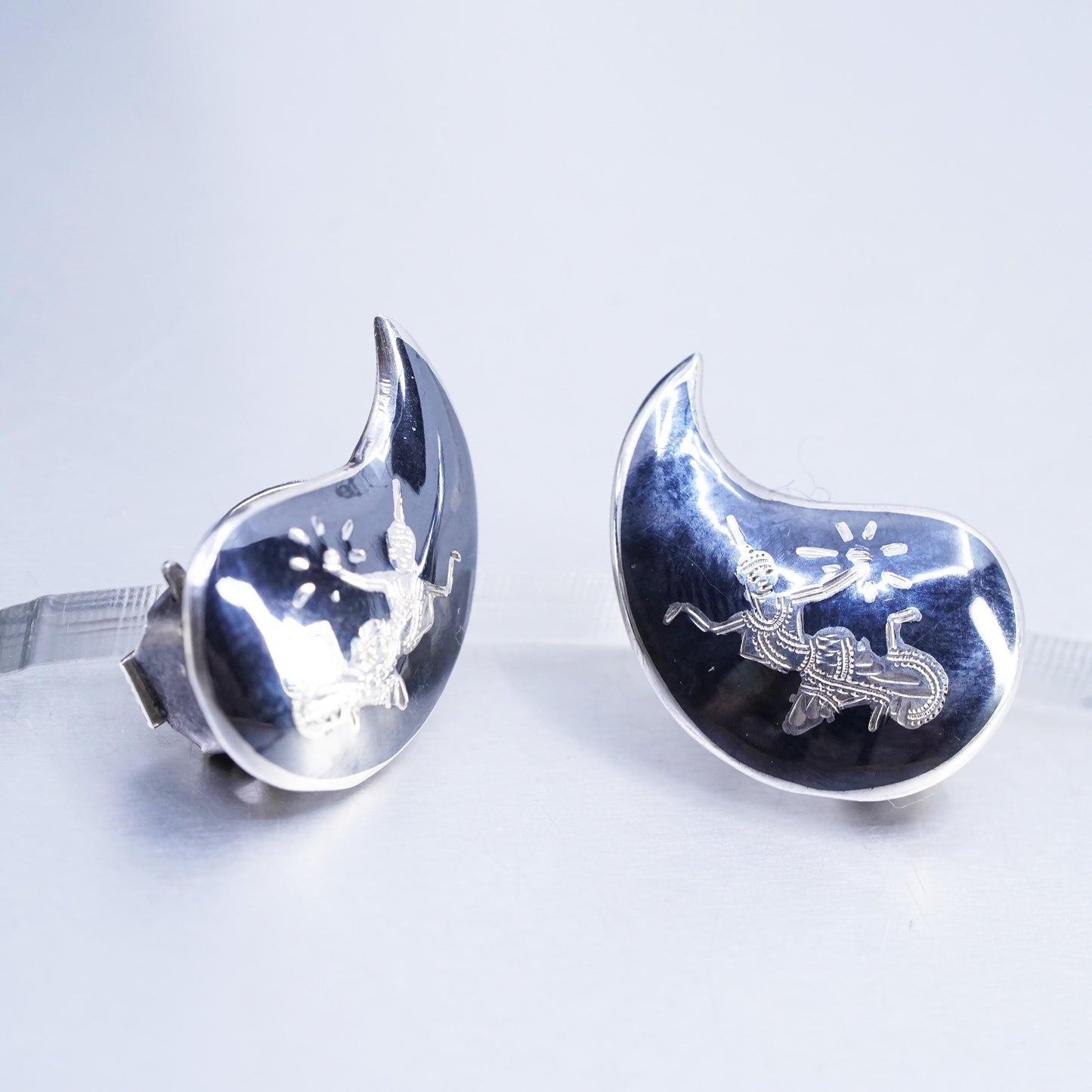Vintage Siam sterling silver clip on earrings, 925 teardrop earrings, niello