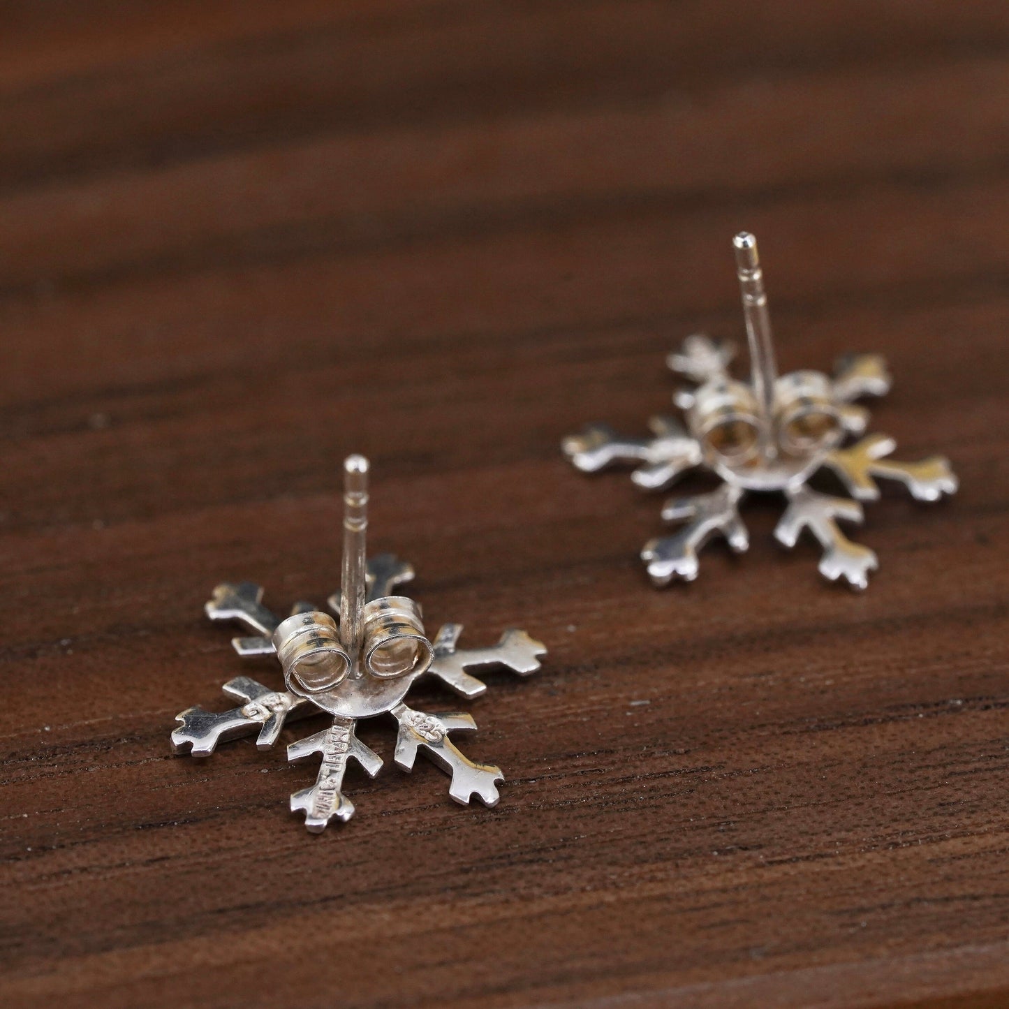 Vintage Sterling silver handmade earrings, 925 snowflake studs with cz