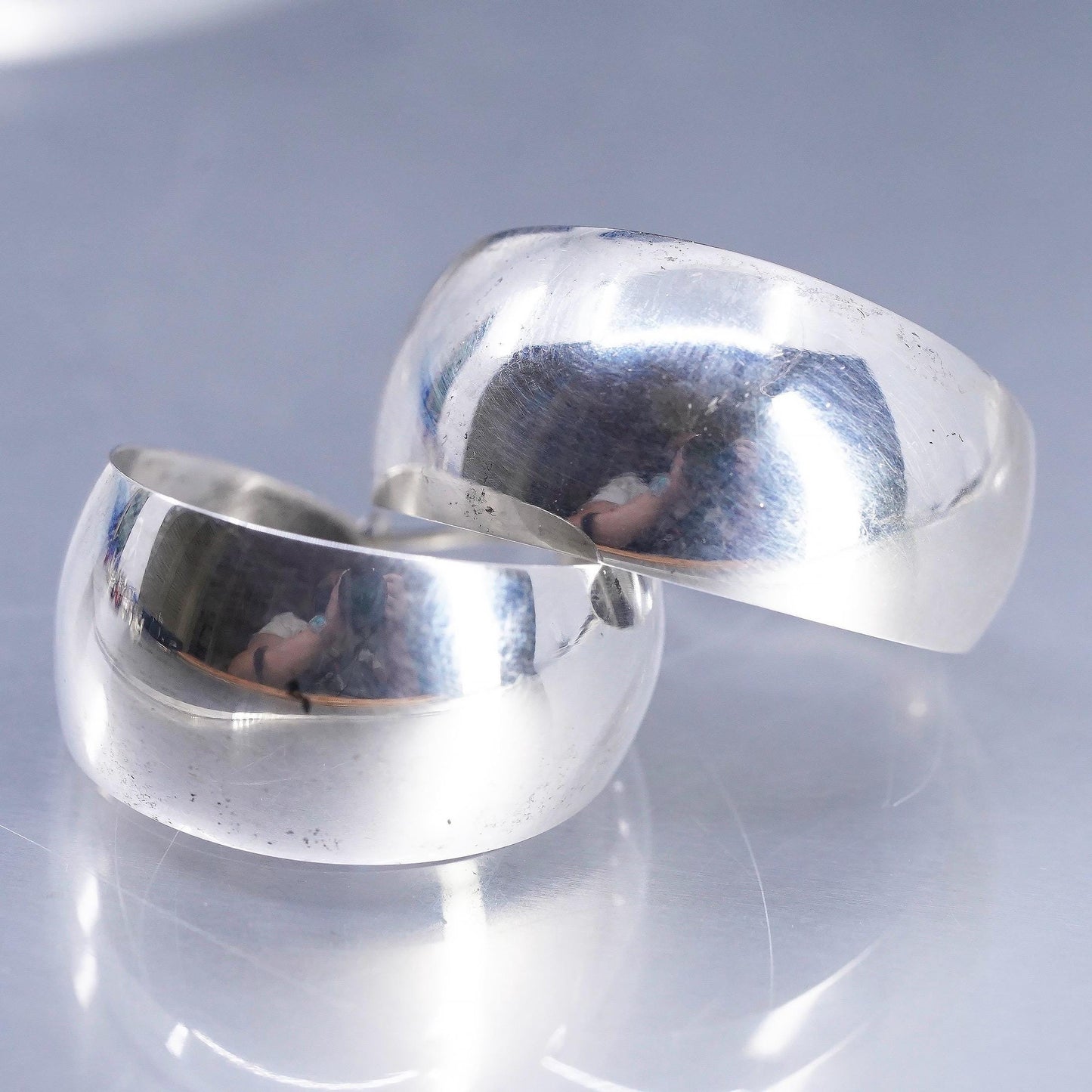 1", Vintage 925 Sterling Silver Wide Earrings, High Polish Dome Hoops, Chunky