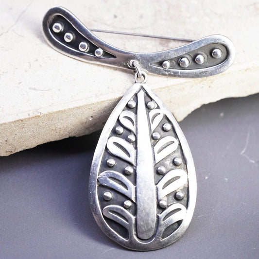Vintage Mexican Taxco Sterling silver brooch, 925 pin w/ beaded teardrop dangle