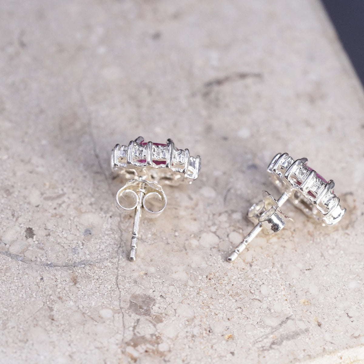 Vintage Sterling silver handmade earrings, 925 studs with ruby and diamonds