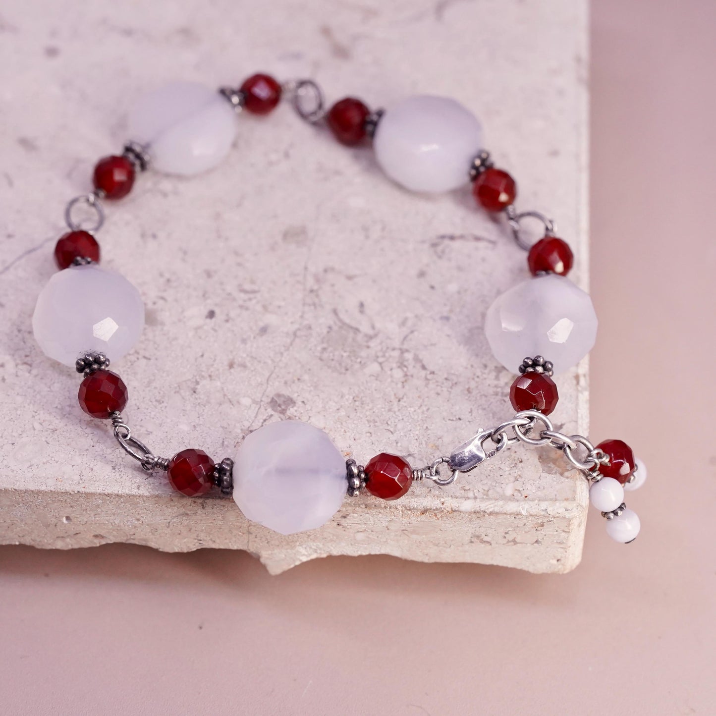 6.75”, vtg sterling silver handmade bracelet, 925 w/ turquoise N carnelian bead