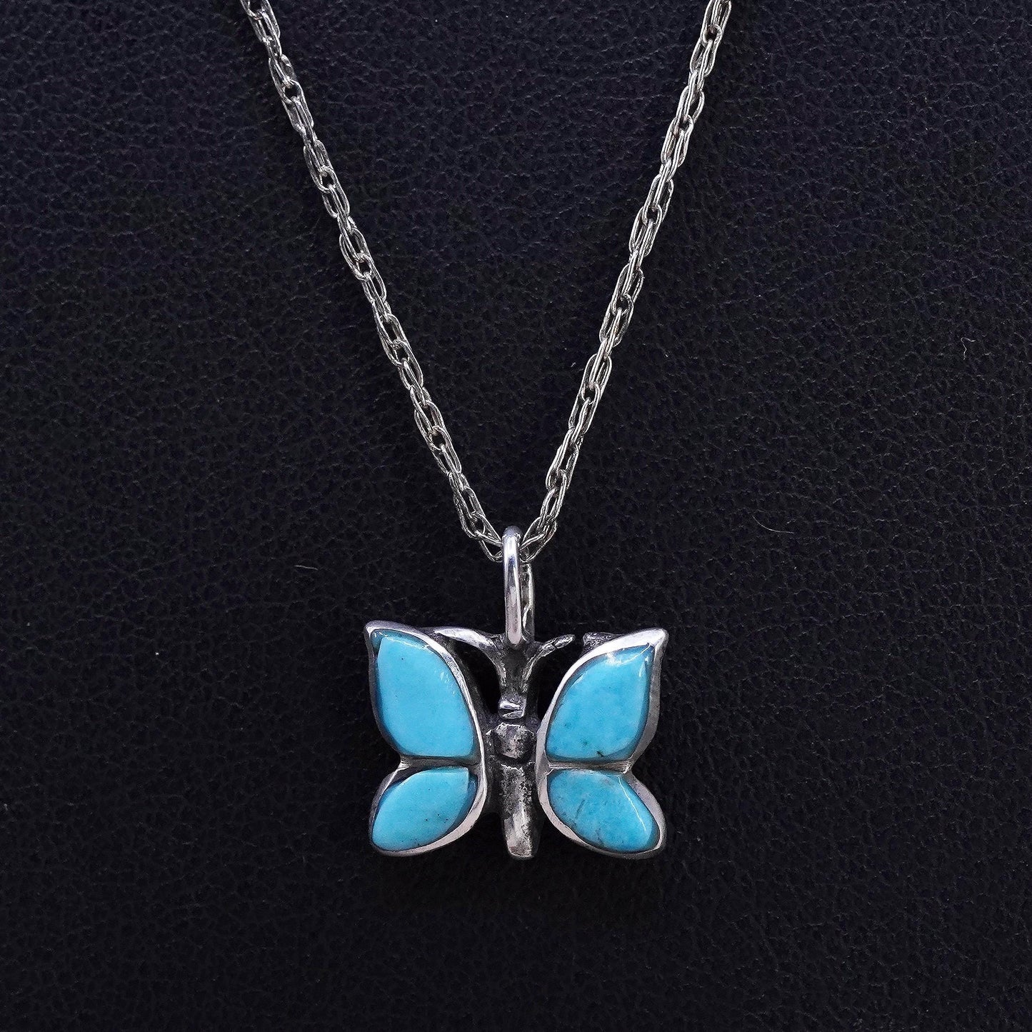 21" USA Sterling silver necklace, 925 rope chain turquoise butterfly pendant
