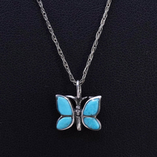 21" USA Sterling silver necklace, 925 rope chain turquoise butterfly pendant