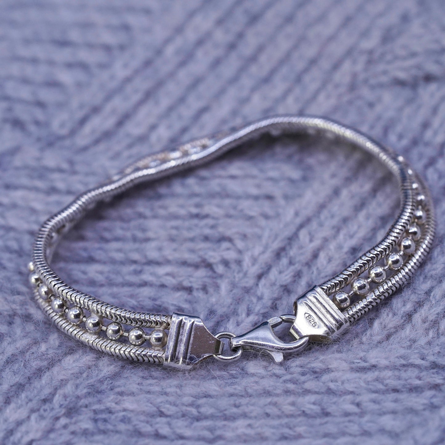 7.25", Sterling silver handmade bracelet, 925 silver snake chain with beads