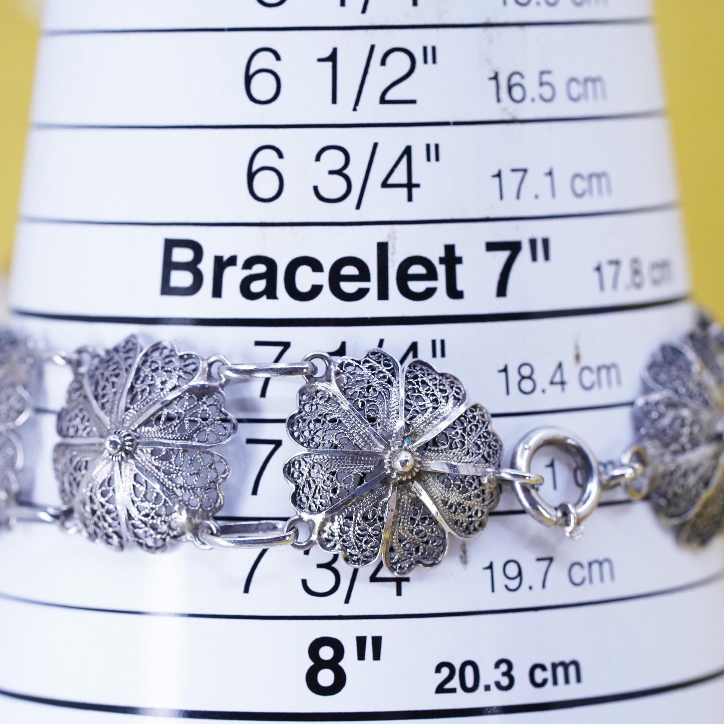 7.5", vintage Sterling silver handmade bracelet, 925 filigree flower chain