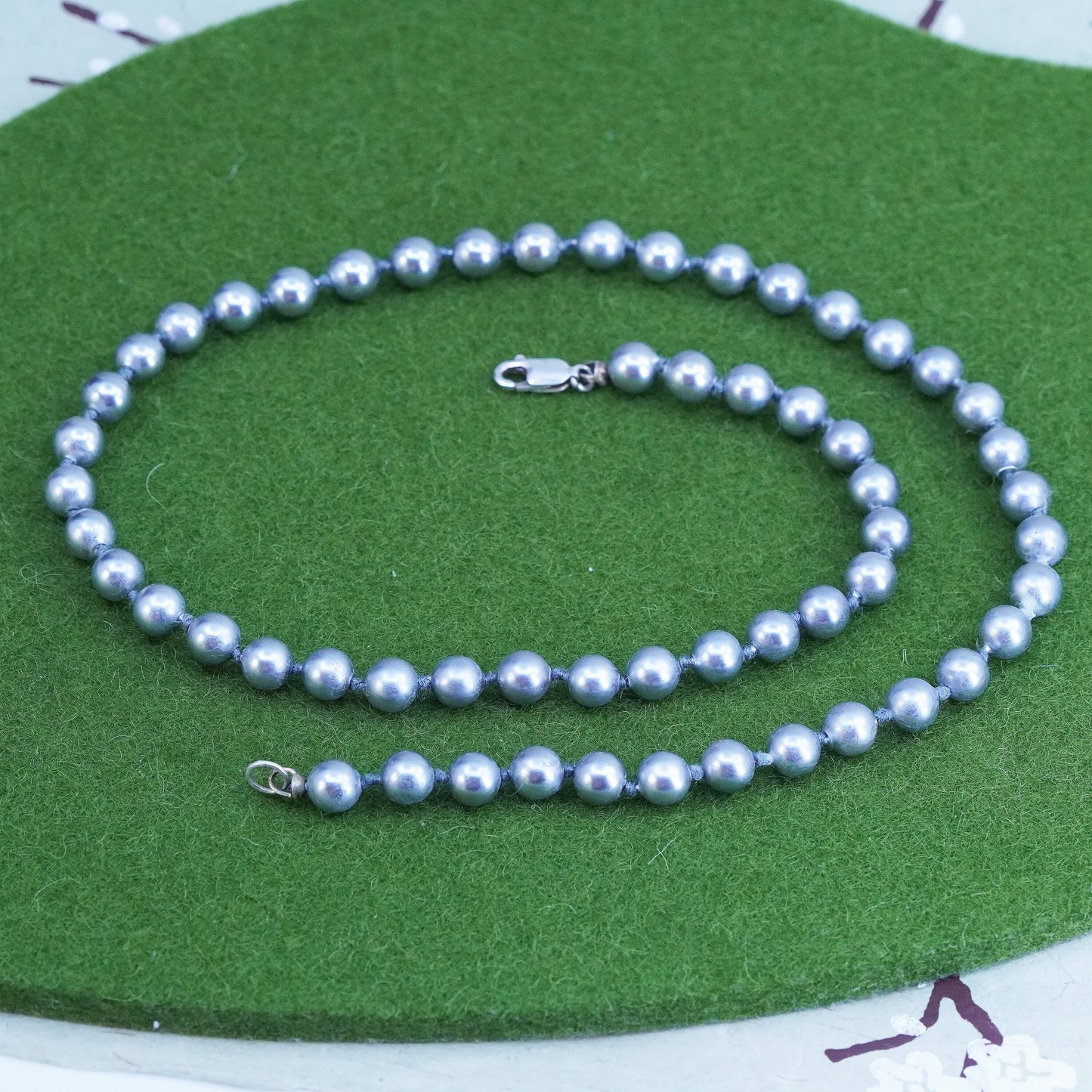 17", Vintage genuine gray pearl beads necklace with 925 sterling silver clasp
