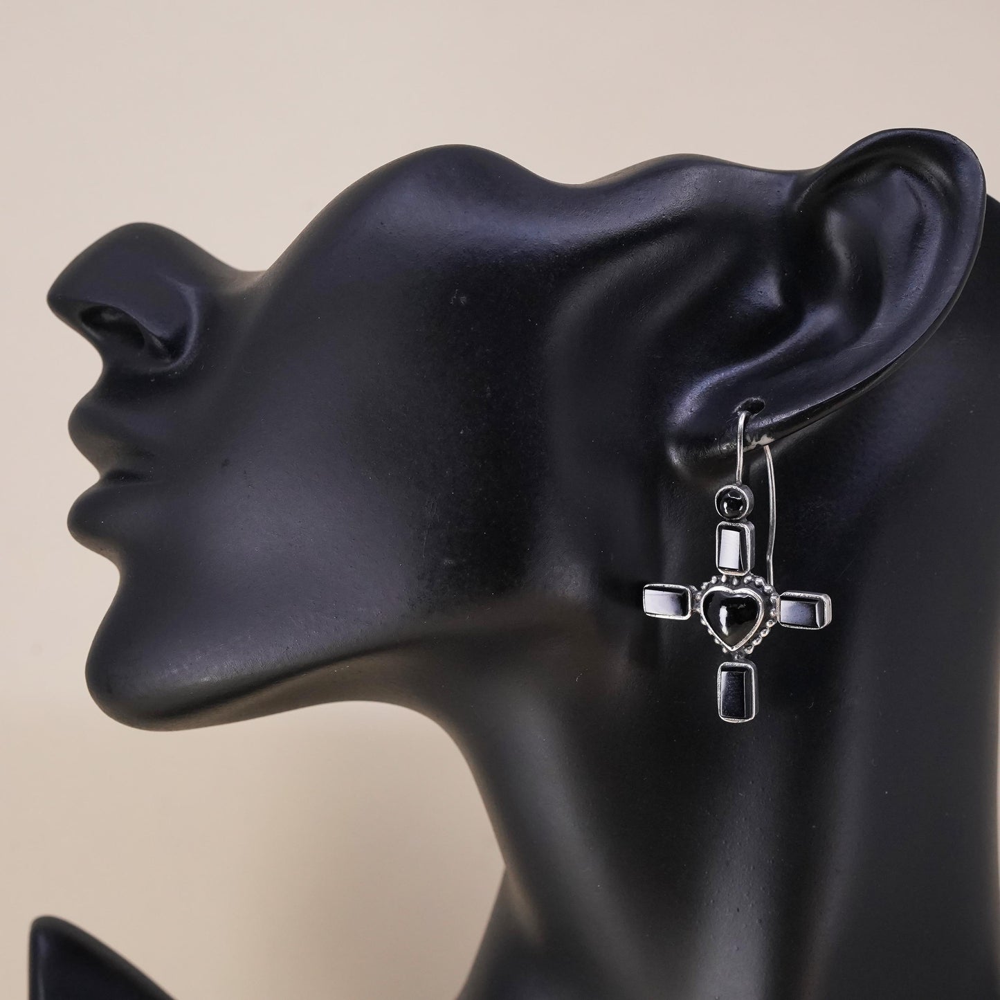 Vintage handmade single earring. Sterling 925 silver heart cross with onyx