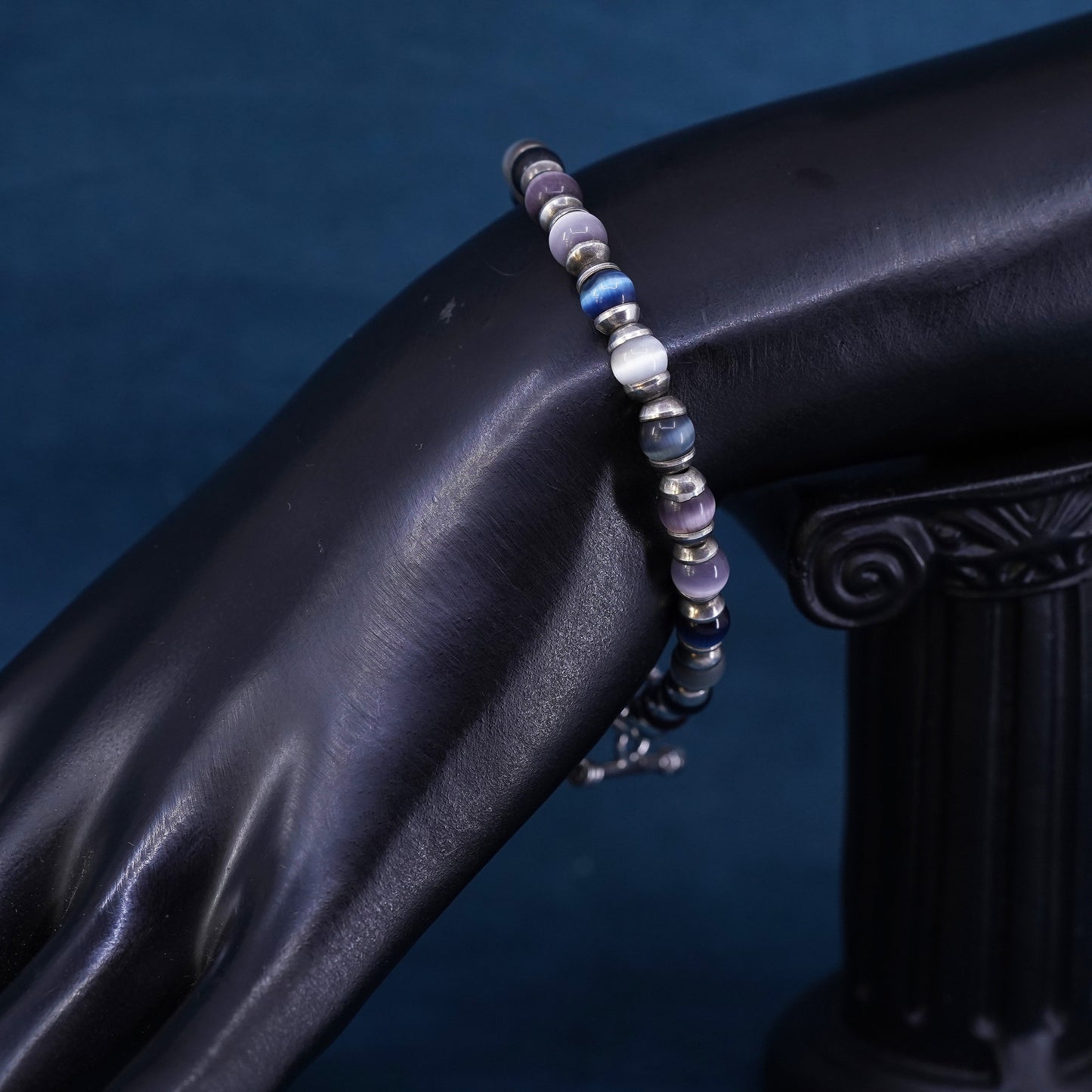 6.75”, sterling 925 silver handmade bracelet with cats eye beads toggle closure