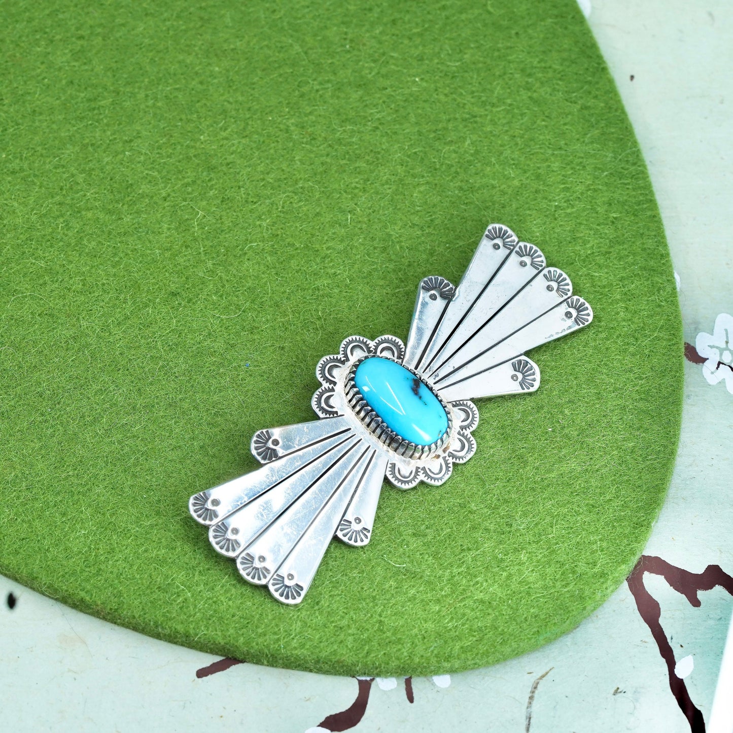 Native American Navajo sterling silver brooch, 925 ribbon bow tie pin turquoise
