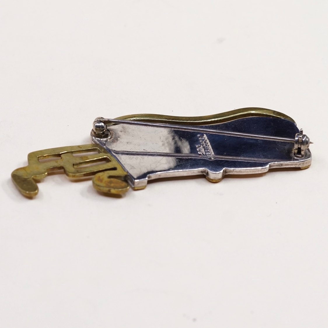 Vintage two tone sterling silver golf cart bag brooch with black enamel Inlay, Mexico 925 silver handmade brooch, stamped Mexico 925