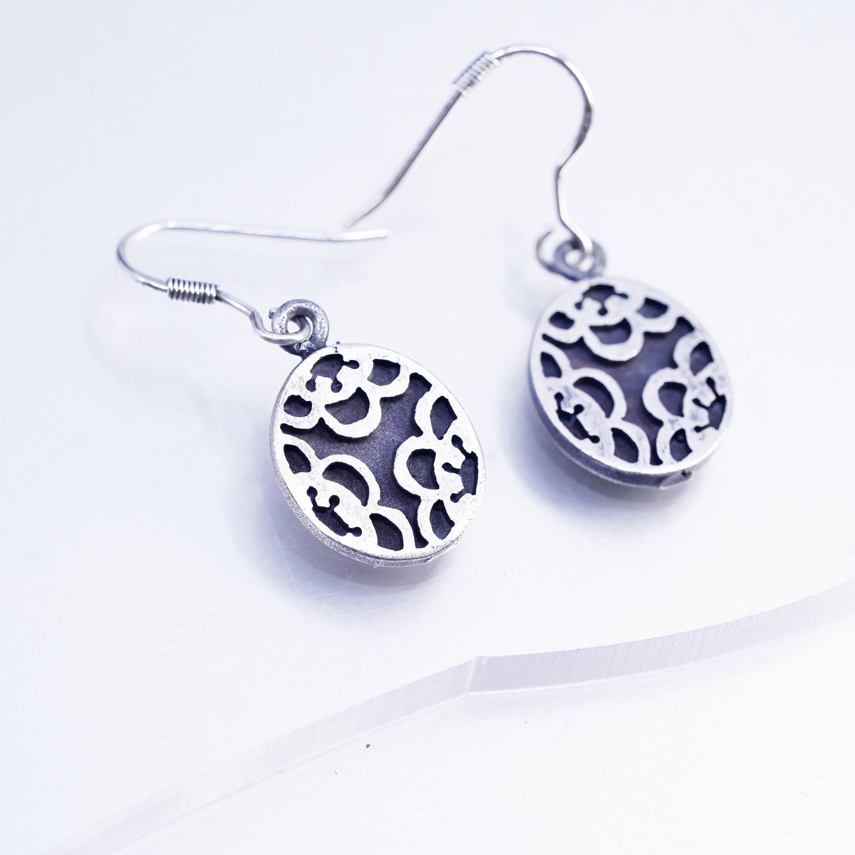 Sterling Silver Floral Cutout Dangle, Oxidized 925 Silver Drop Earrings, Flower