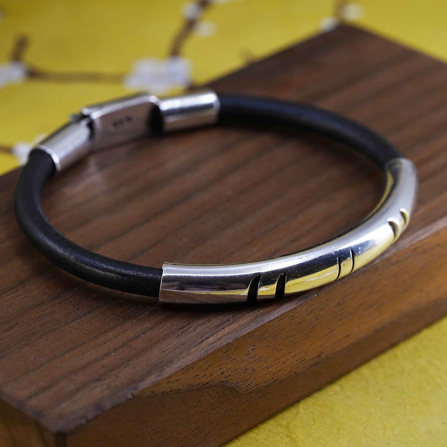 7.5", vintage Mexican black leather bangle with sterling 925 silver slide tube