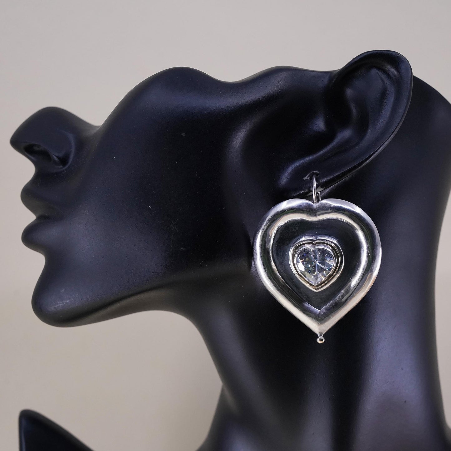 Vintage sterling silver handmade earrings, huge 925 silver heart with CZ