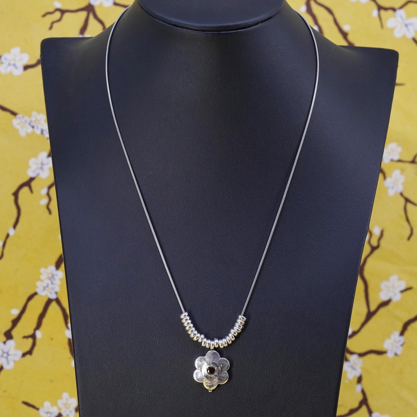 18” Vintage 14K flower Sterling silver pendant, 925 snake chain necklace beads