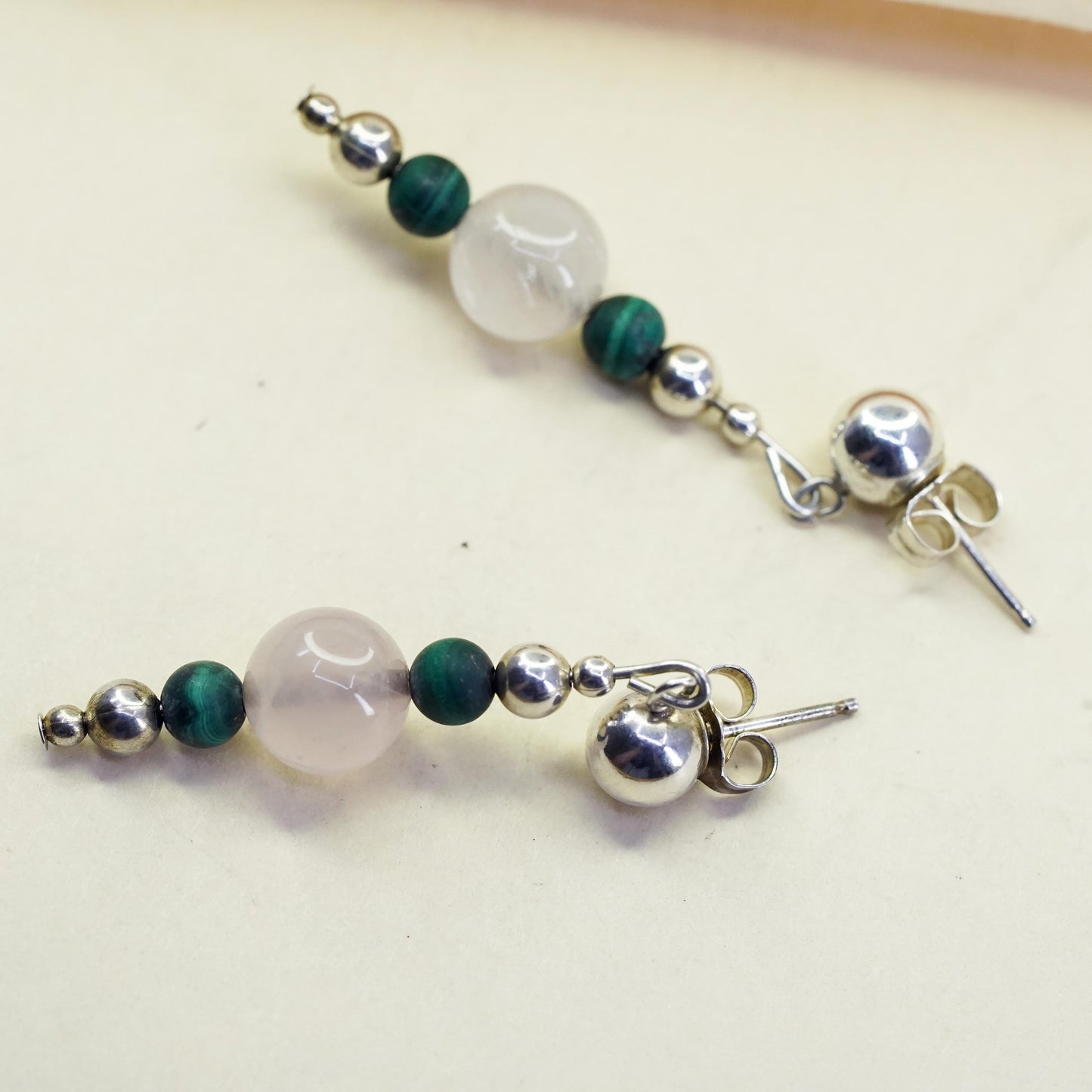 Vintage Sterling 925 silver handmade earrings with pink quartz malachite beads