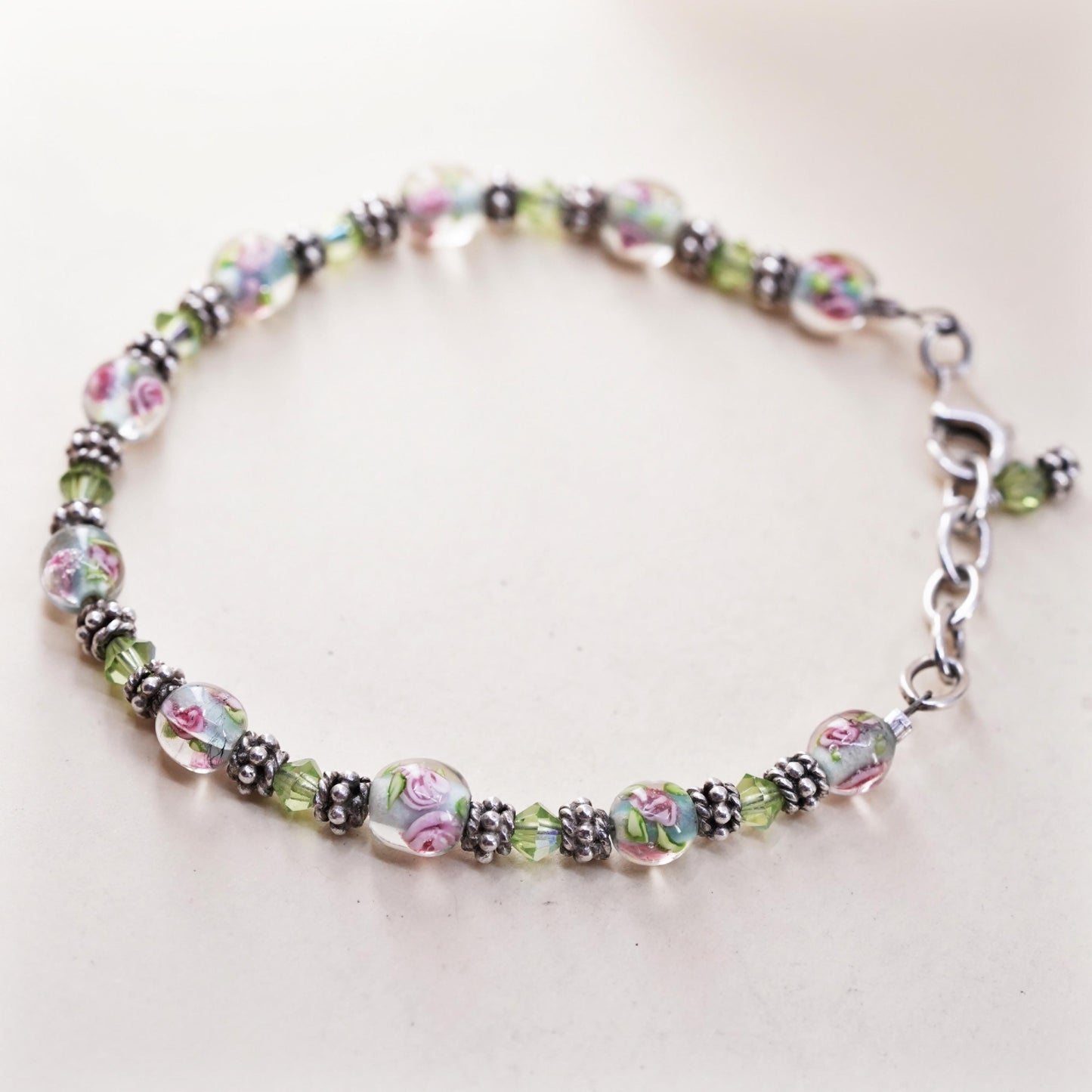 7", vintage 925 Sterling silver handmade bracelet artisan floral glass beads