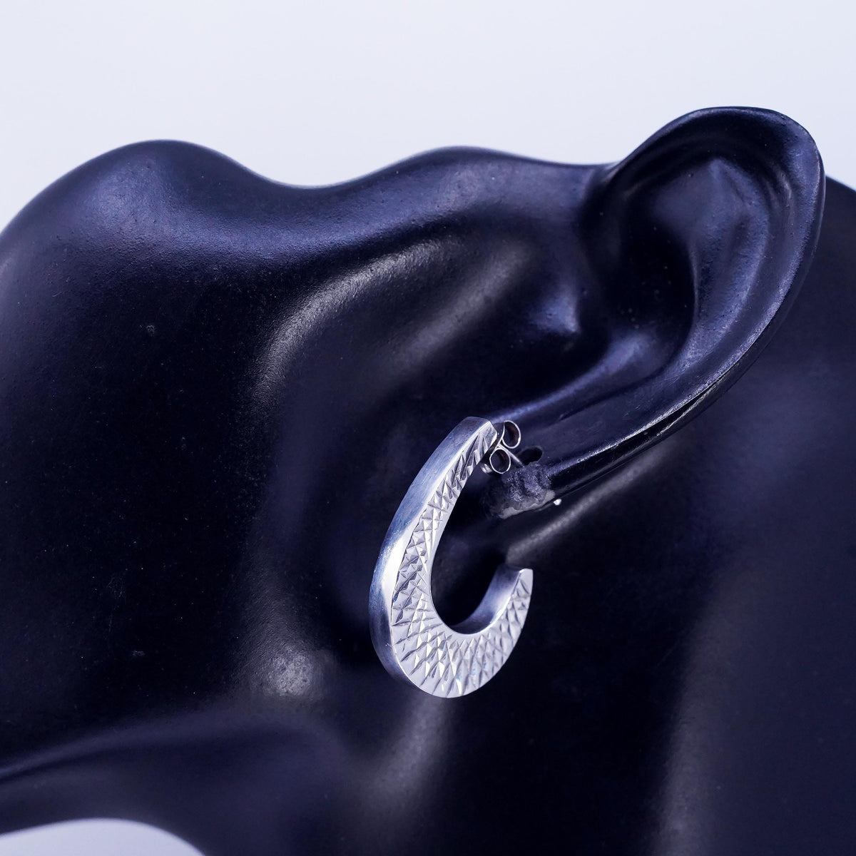1", Vintage Sterling Silver 925 Textured Crescent Earrings, Wide J Hoop Studs