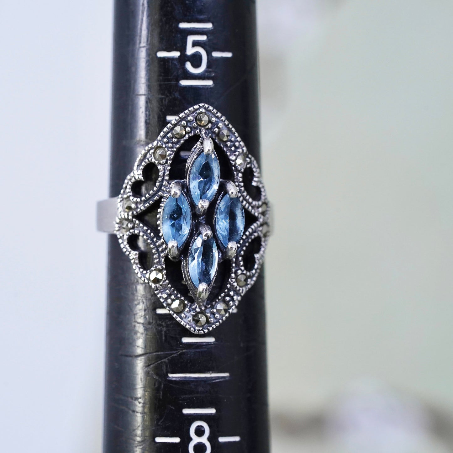 Size 6, Sterling 925 silver handmade ring with blue Crystal and marcasite