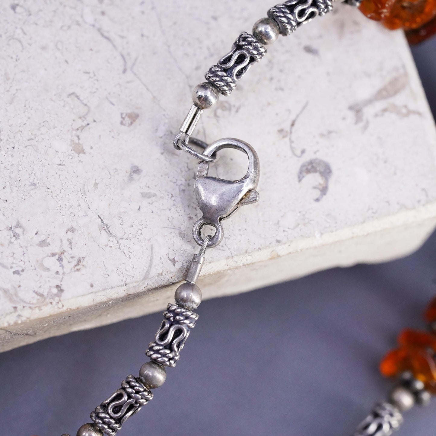 18", vintage Sterling silver necklace, 925 Amber chain teardrop agate pendant