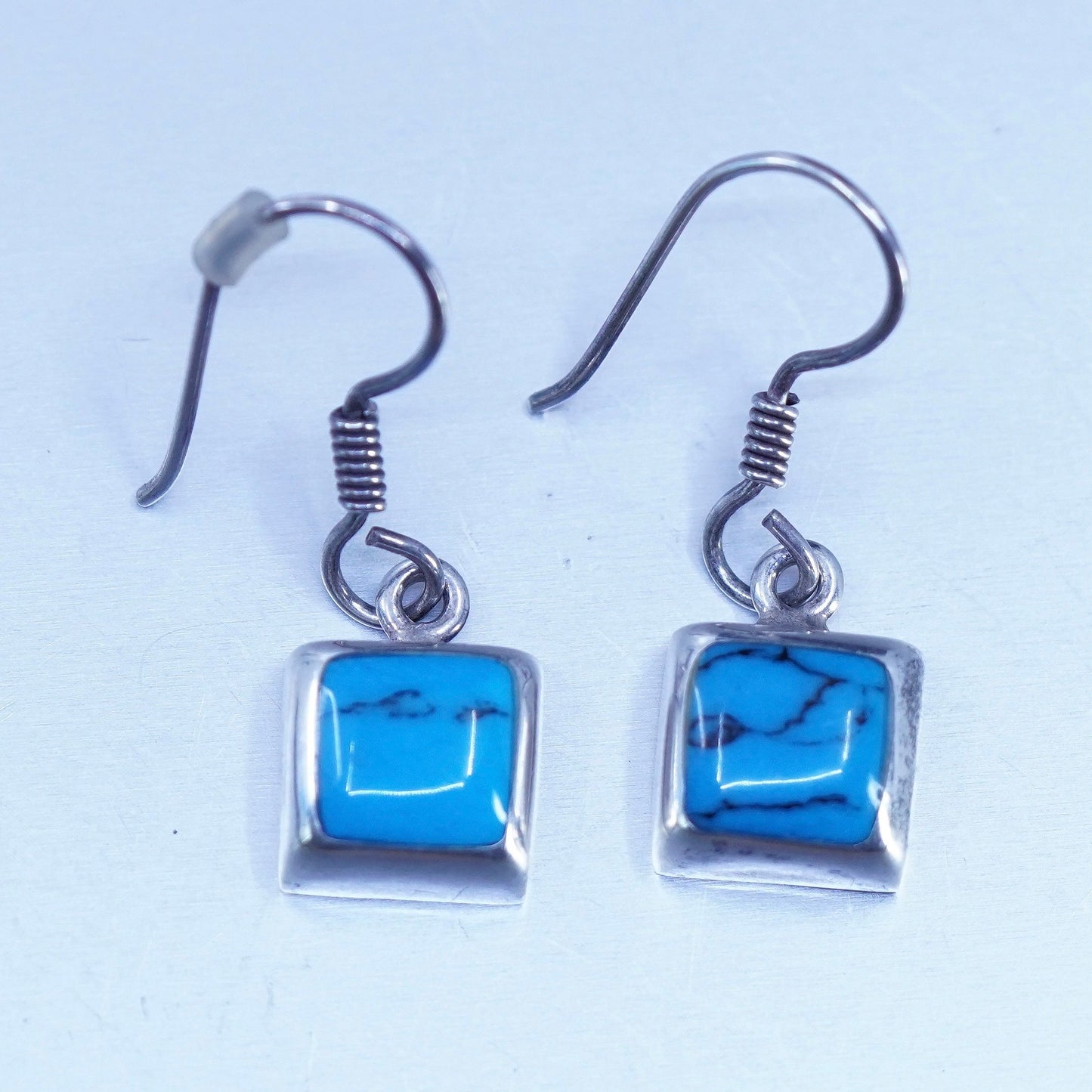 vtg Mexican Sterling 925 silver handmade earrings with square turquoise inlay