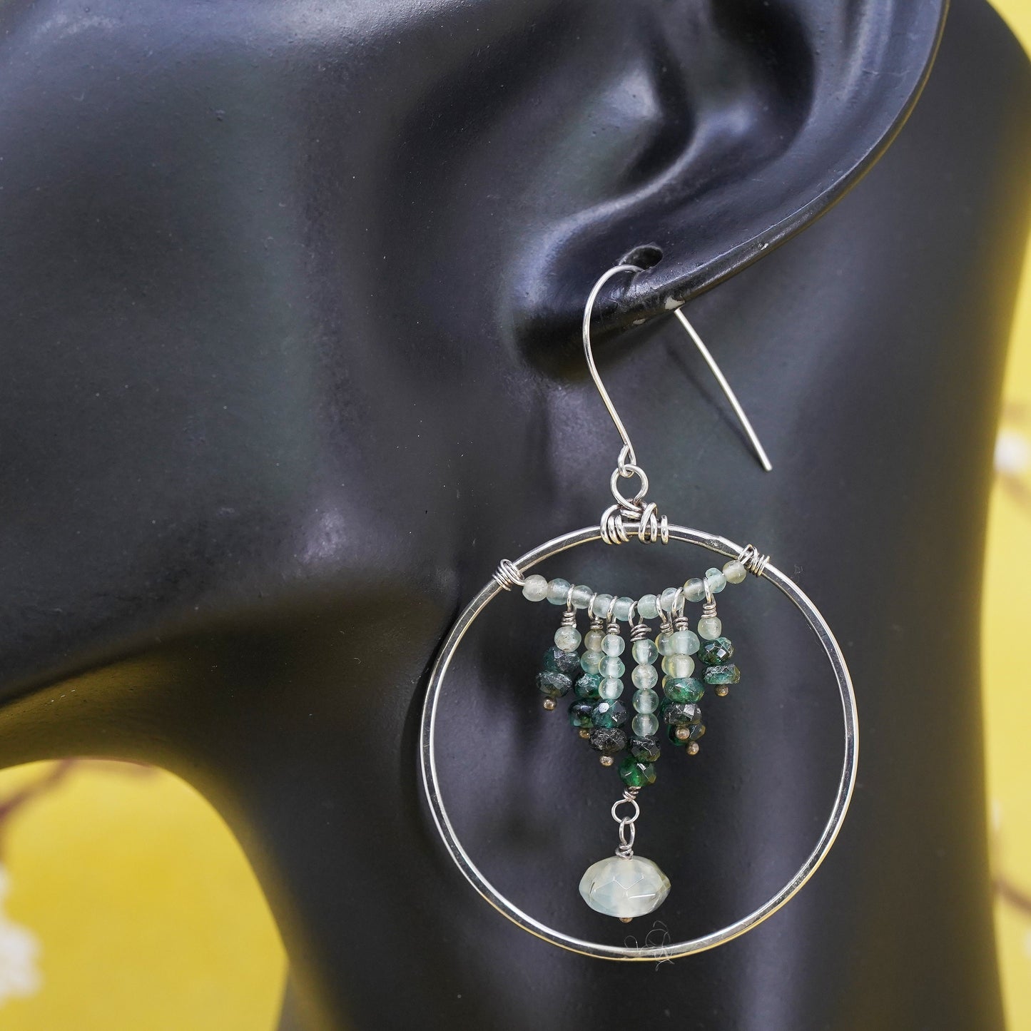 Vintage Sterling silver handmade circle earrings, 925 hoops with jade beads