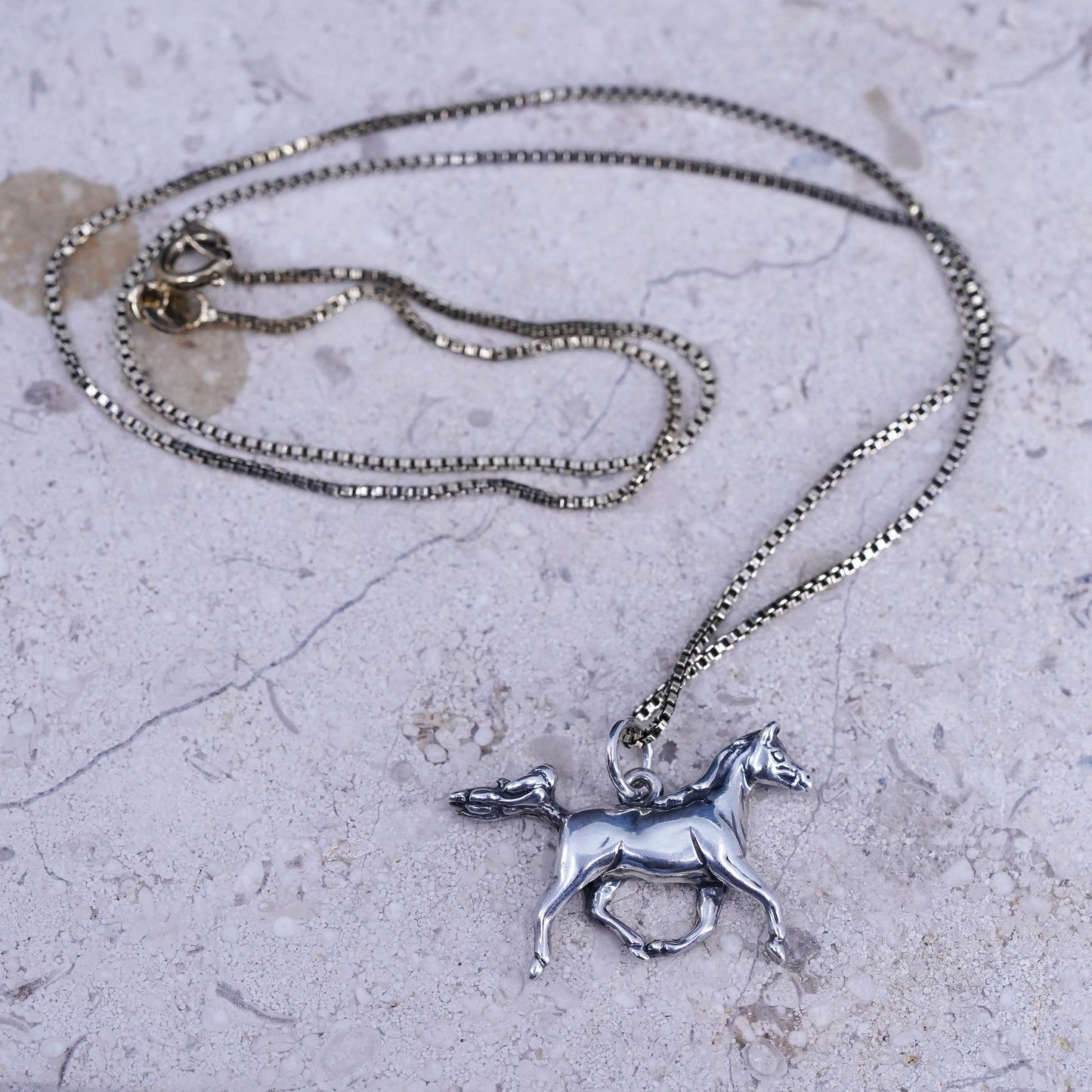 18”, VTG vermeil gold over sterling 925 silver box necklace w/ horse pendant