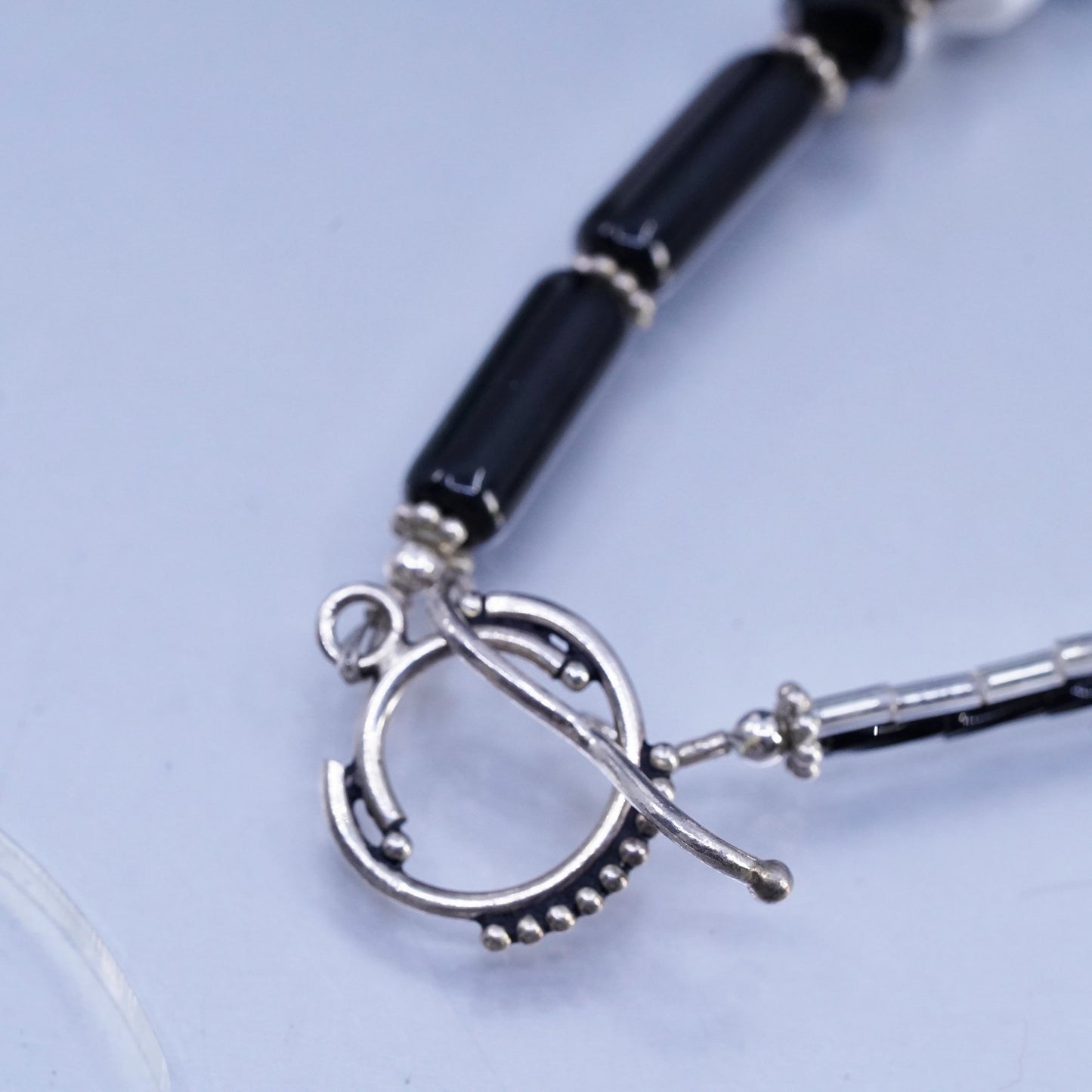 18” Sterling 925 Silver black agate beads necklace with pendant toggle closure