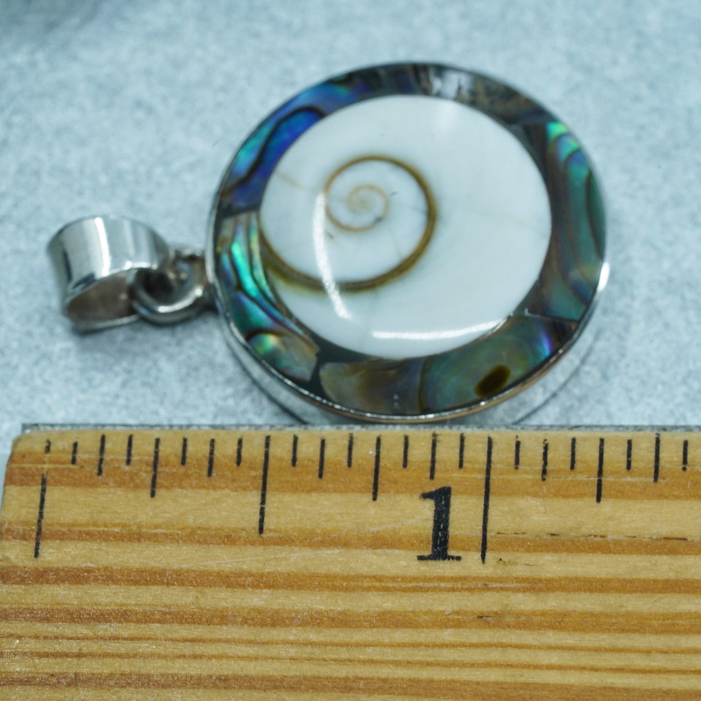 Sterling 925 Silver Shiva eye pendant abalone inlay | fossil shell jewelry