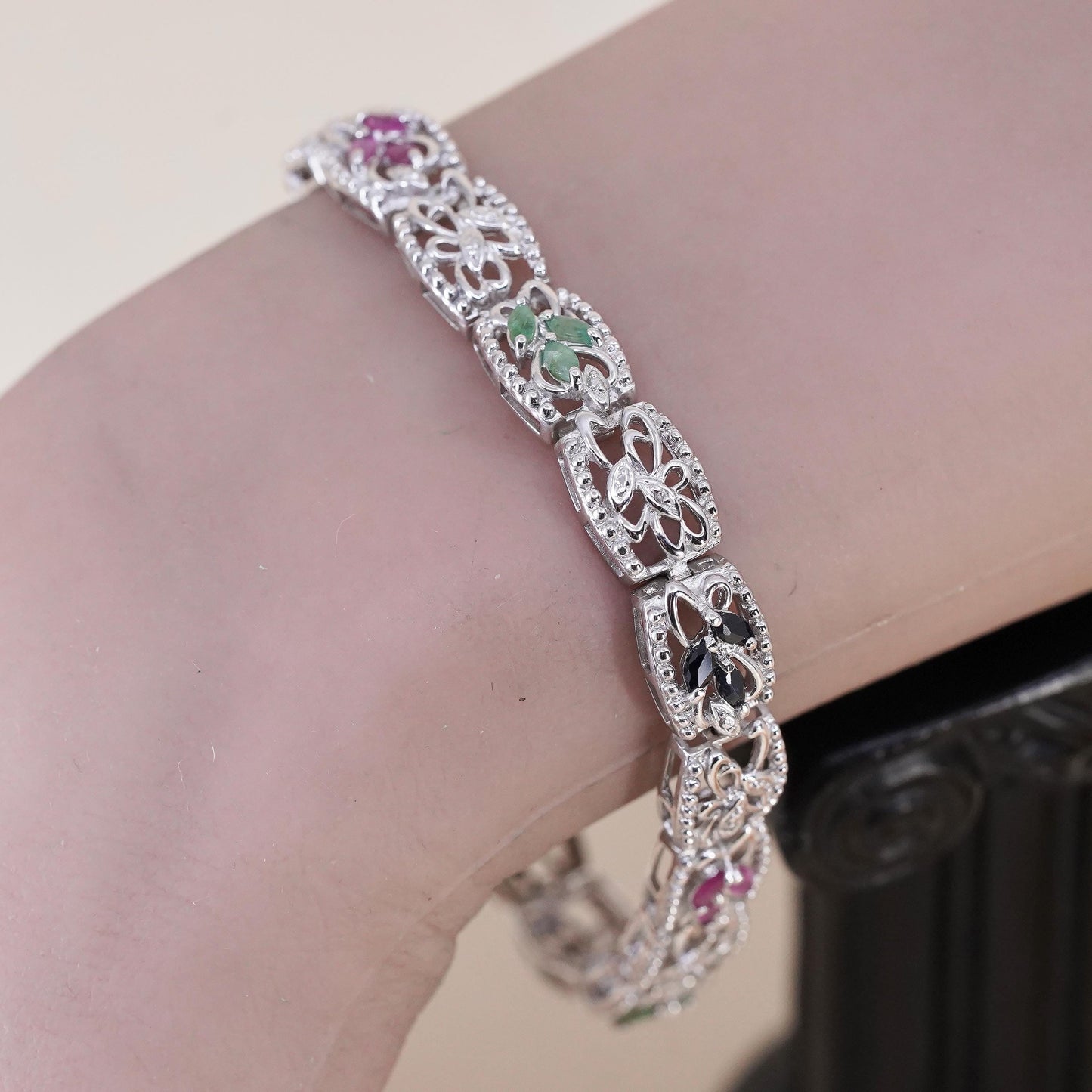 7.25", VTG Sterling 925 silver filigree tennis bracelet ruby emerald sapphire