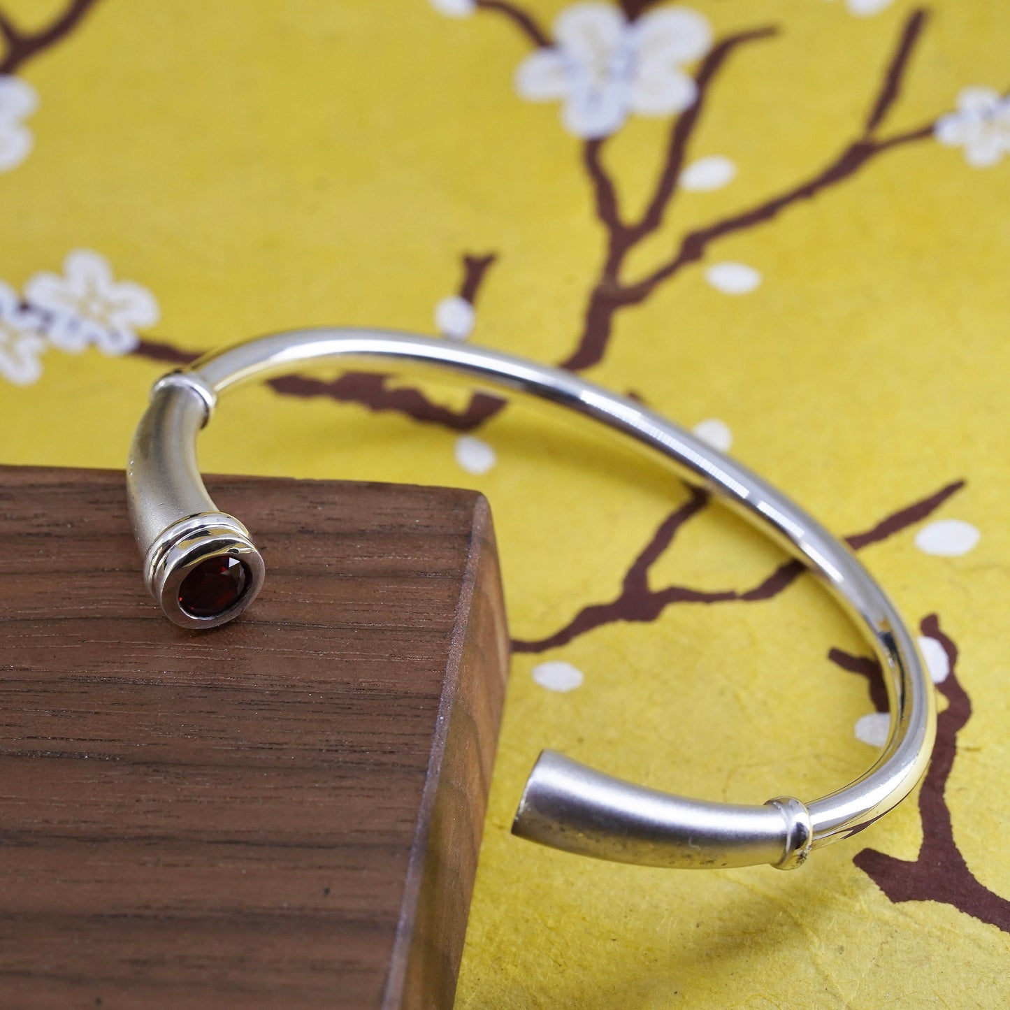 6.5", antique sterling silver handmade bracelet, 925 cuff with ruby end