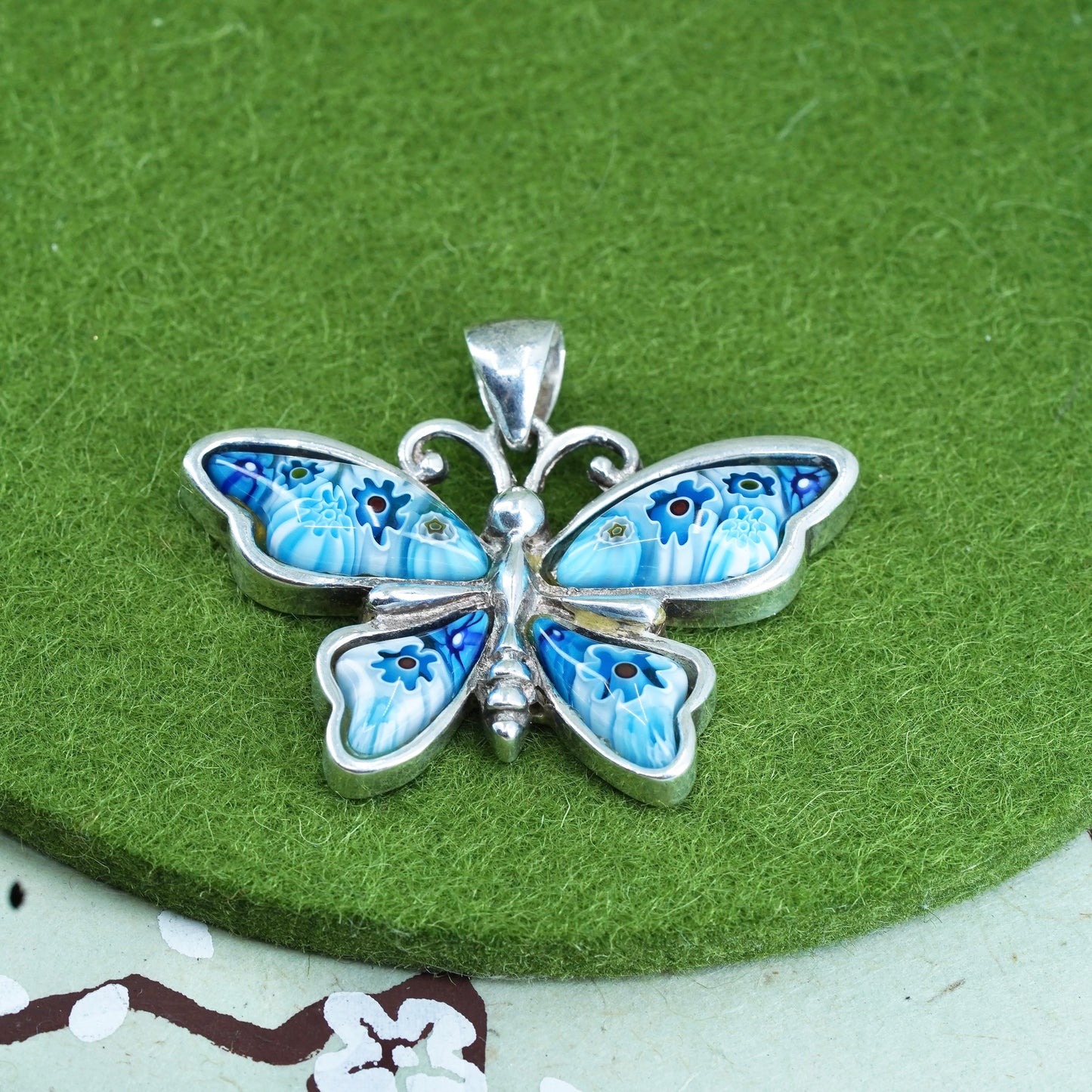Italian Alan K sterling silver pendant, 925 silver butterfly, blue murano glass