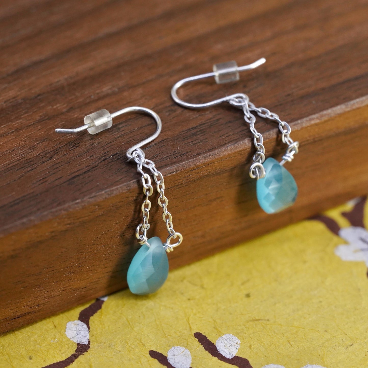 Vintage Sterling 925 silver handmade earrings with teardrop chalcedony