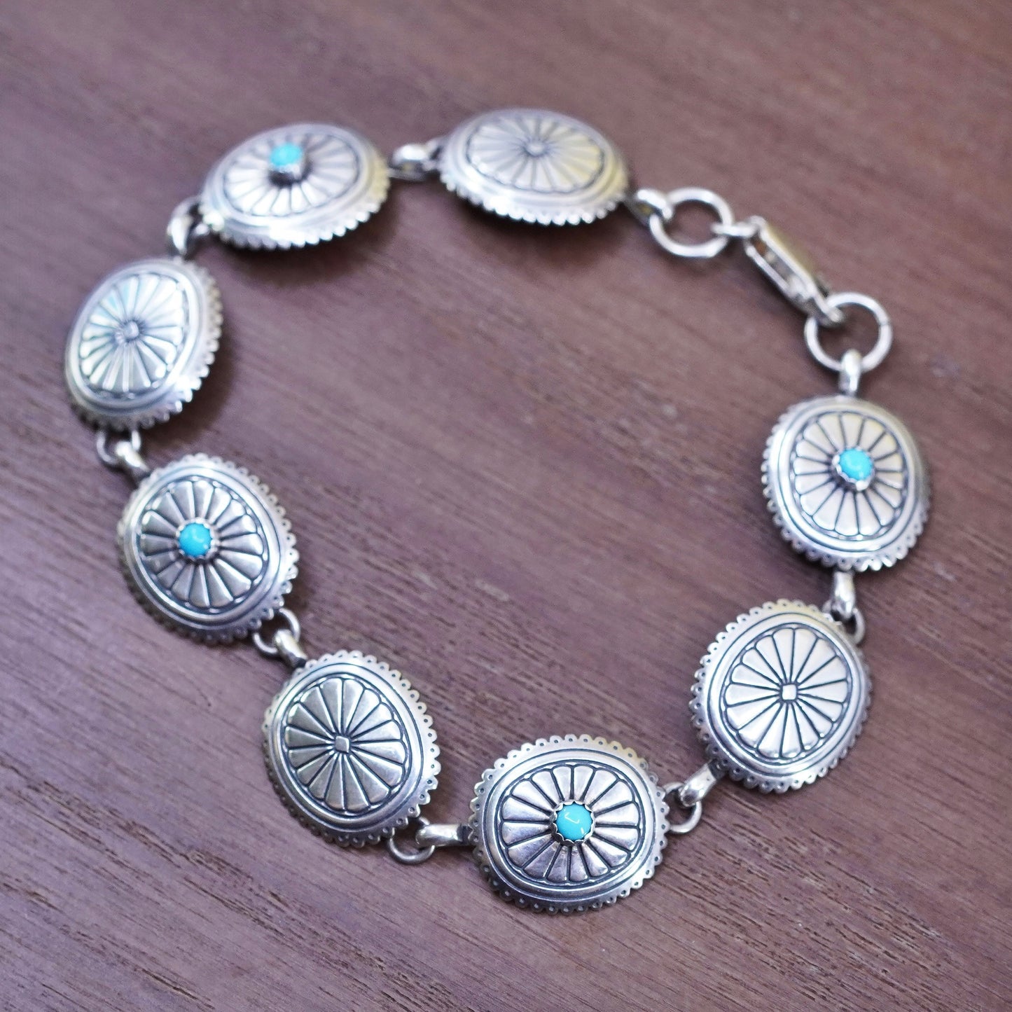 7.5”, native America Q.T. Quoc Turquoise sterling silver bracelet w/ turquoise