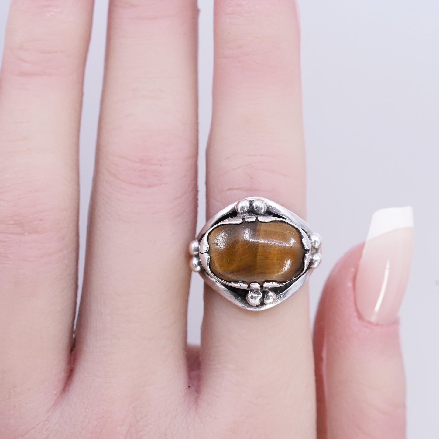 Size 6.75, vintage Sterling 925 silver handmade ring with golden tiger eye