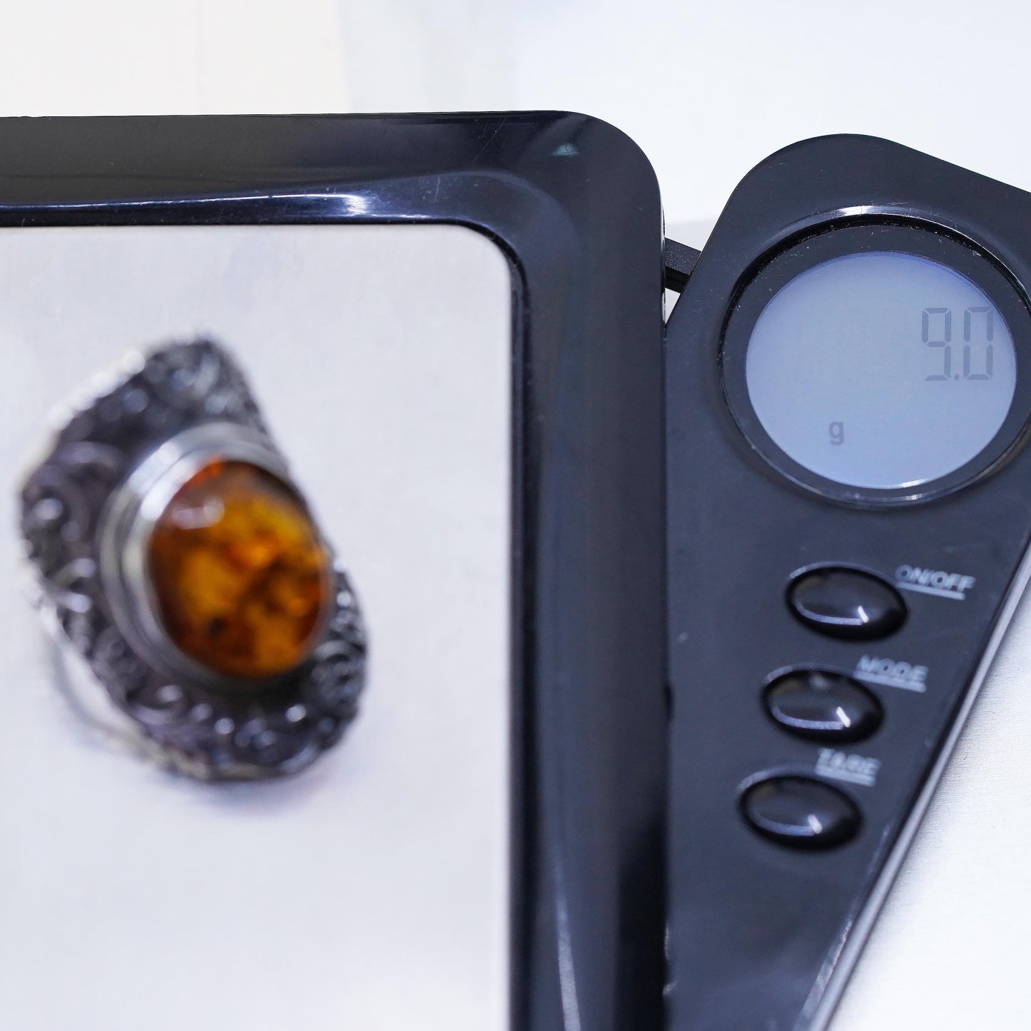Size 7.25, Israel PZ Israel Sterling Silver Oval Amber Ring, Leaf Vine Band