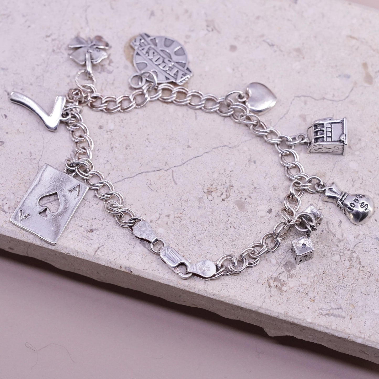 8", Sterling silver bracelet, 925 double curb chain slot dice money bag heart