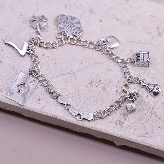 8", Sterling silver bracelet, 925 double curb chain slot dice money bag heart