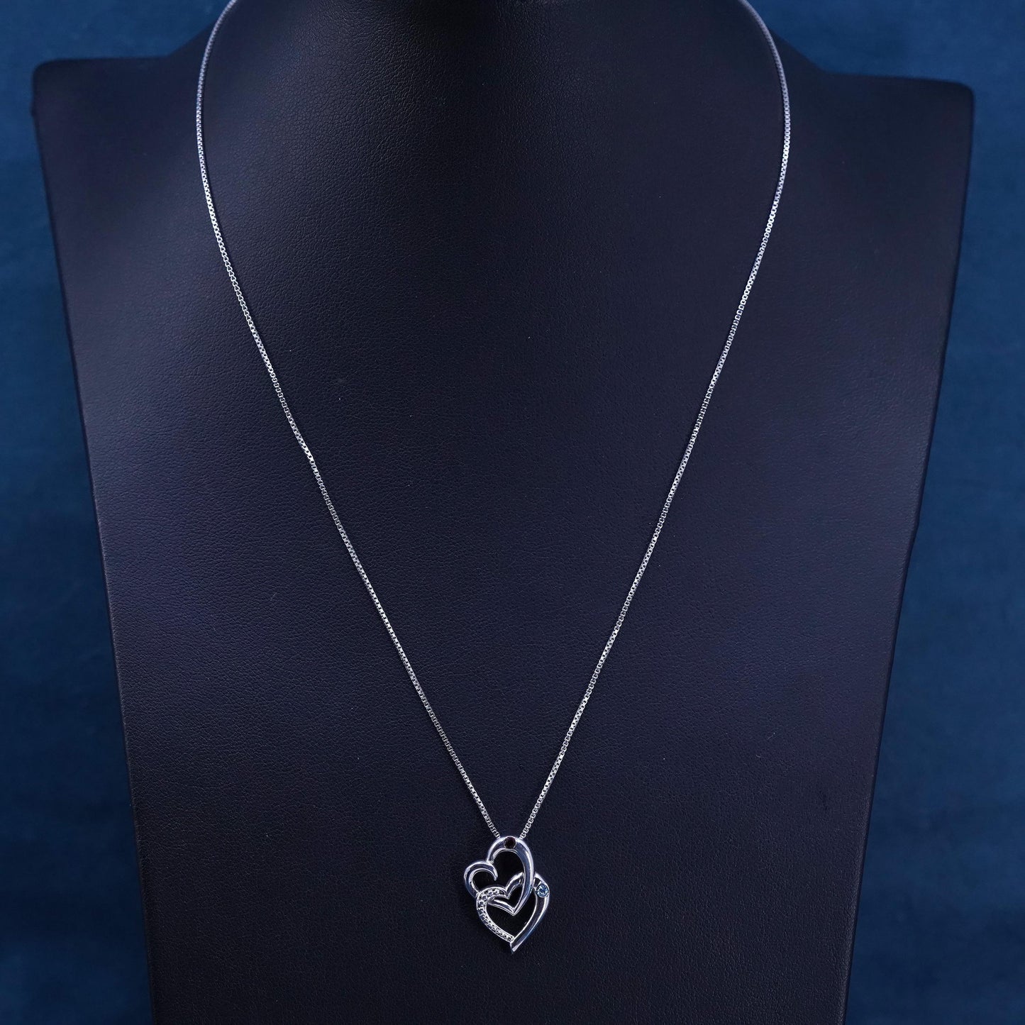 18", Sterling silver necklace, 925 box chain double ruby topaz heart pendant