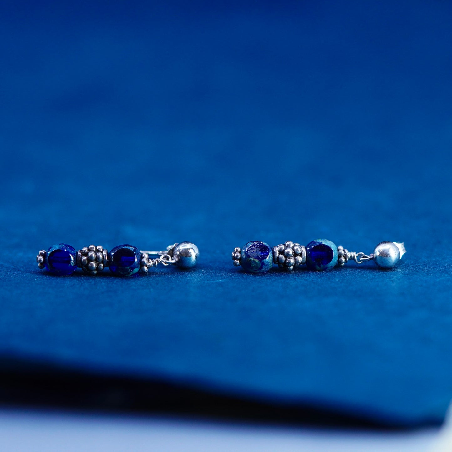 Vintage sterling silver 925 handmade earrings with blue glass beads