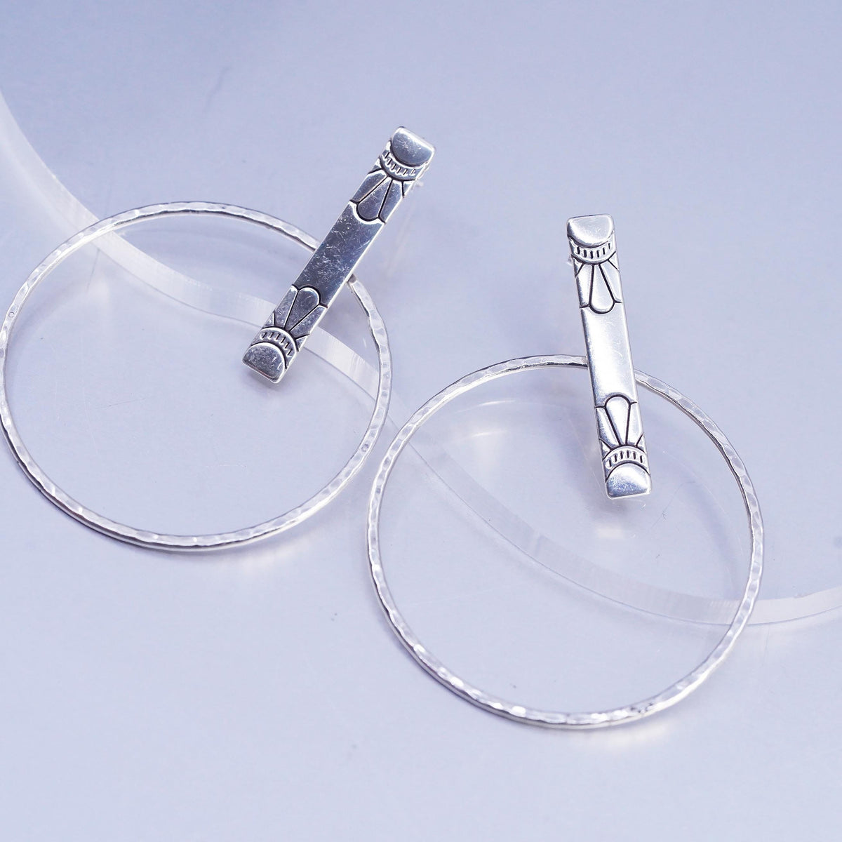 1.75", vintage Sterling silver handmade earrings, textured 925 hoop dangles