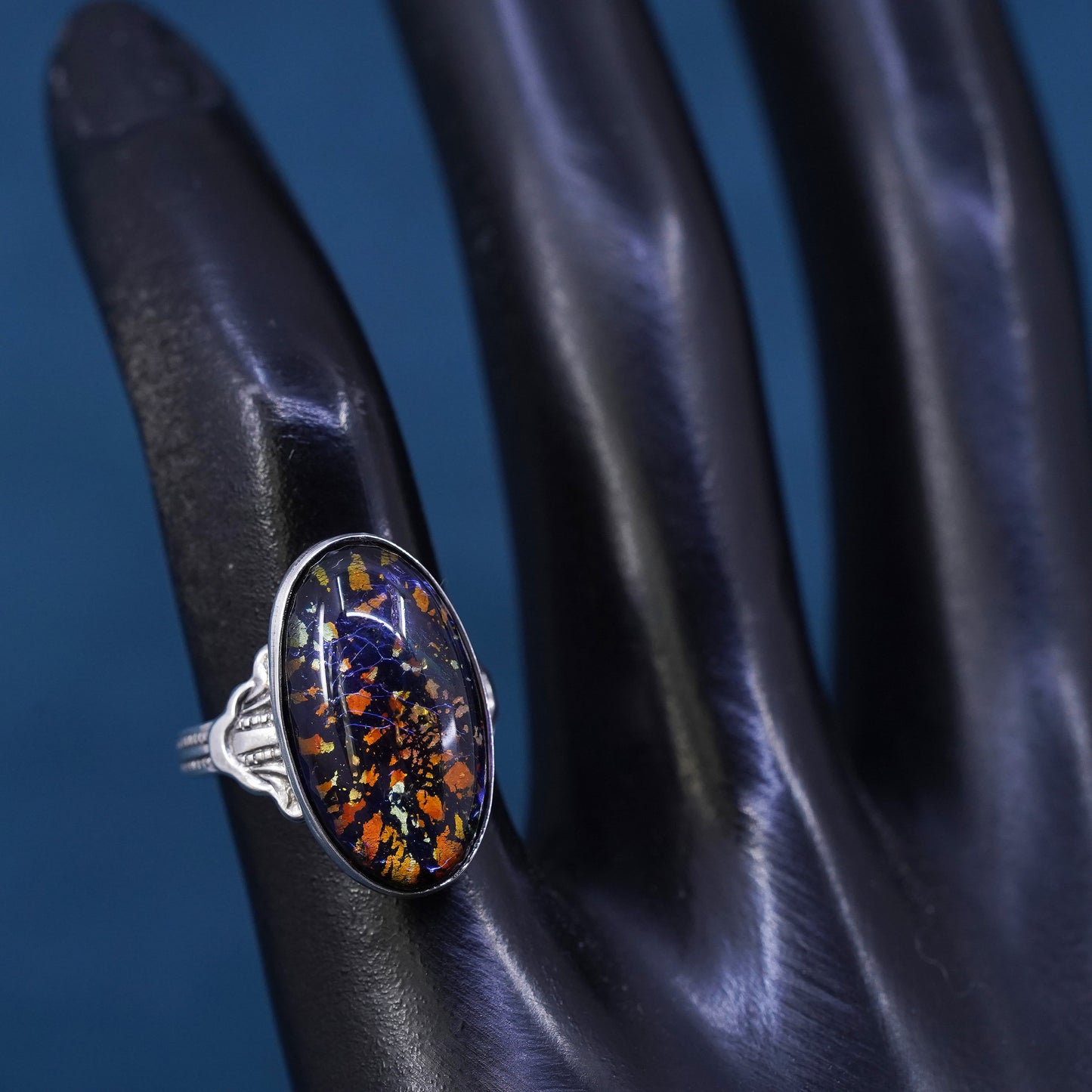 Size 3.5, Mexico Sterling 925 silver handmade ring with golden foiled glass