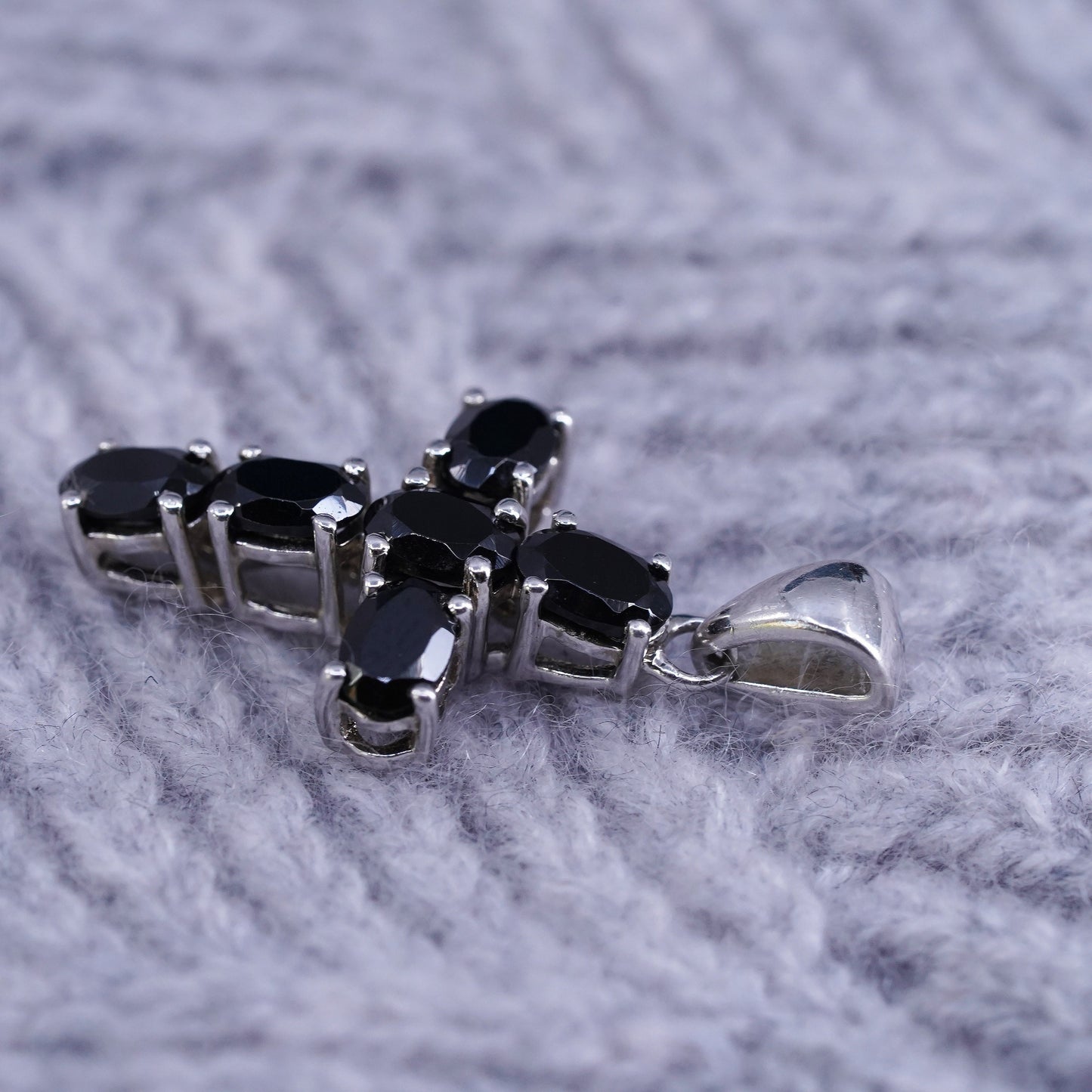 Vintage sterling silver handmade pendant, 925 cross with black spinels