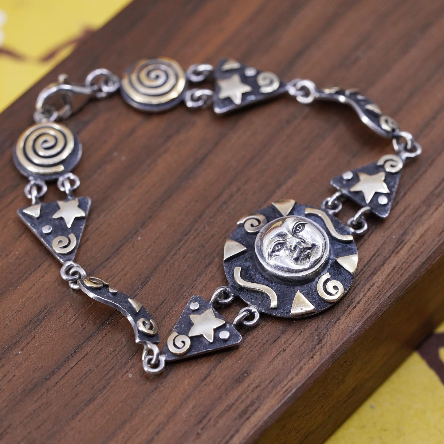 6.5", vintage two tone Sterling silver handmade bracelet, 925 sun face charm