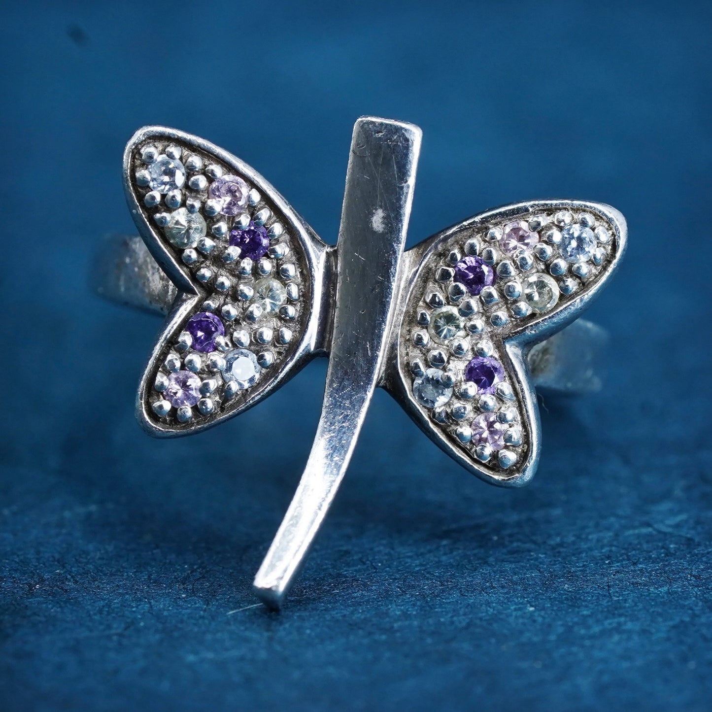 Size 5.5, VTG Sterling silver handmade ring, 925 dragonfly band with amethyst