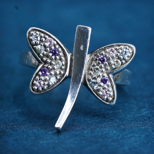Size 5.5, VTG Sterling silver handmade ring, 925 dragonfly band with amethyst