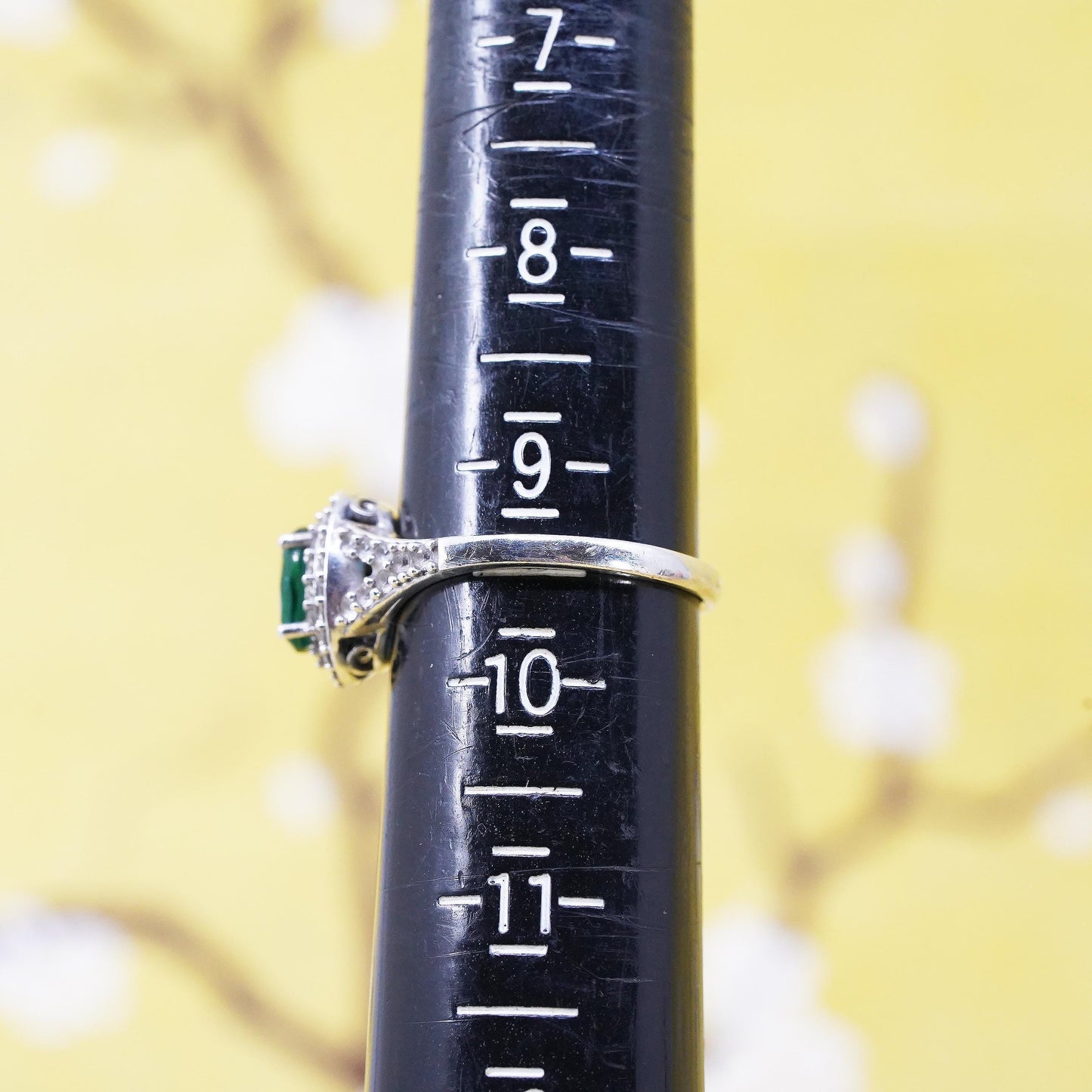 Size 9.25, Halo Green Emerald Sterling Silver 925 Split Shank Cocktail Ring