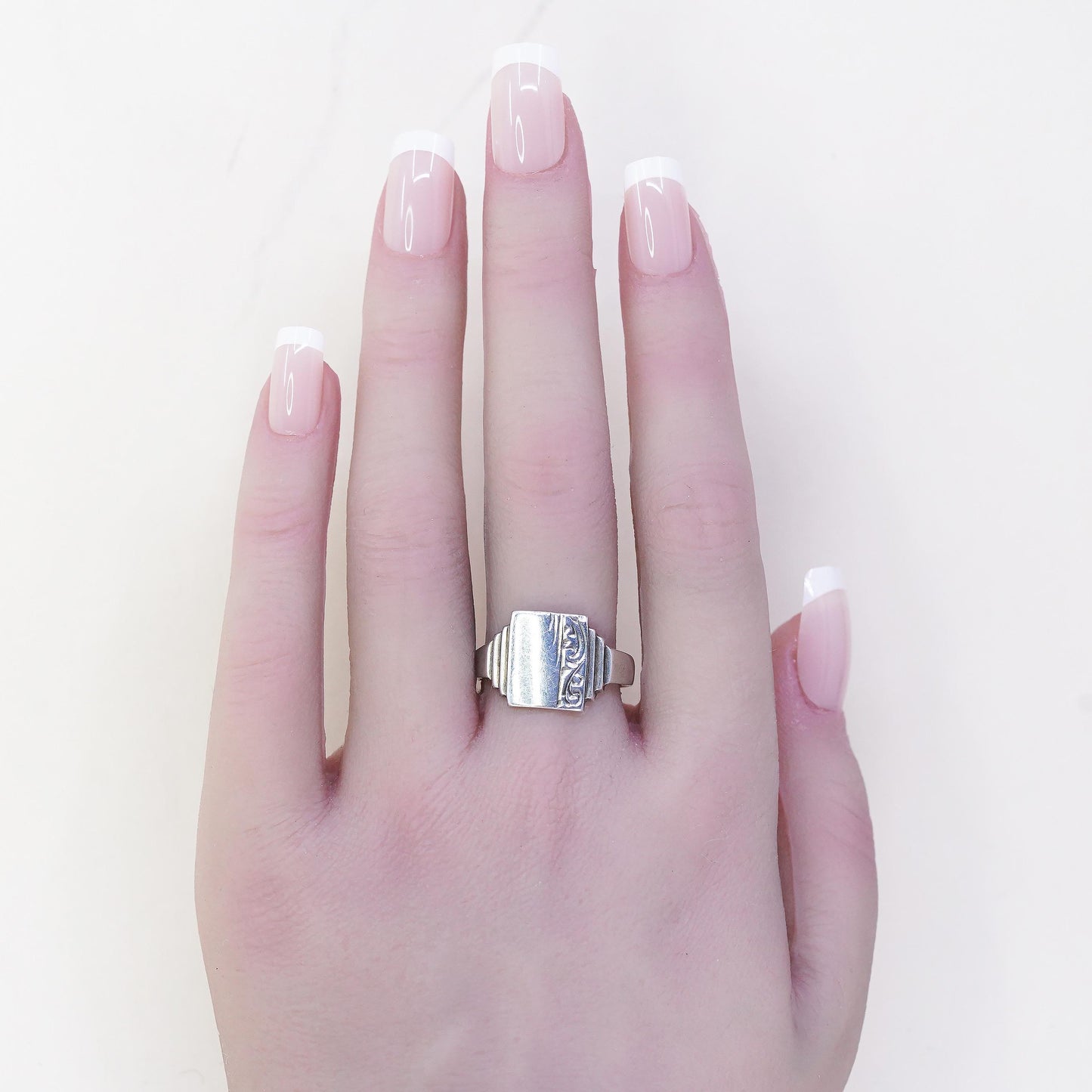 Size 9.5, Vintage Sterling Silver Signet Ring, Art Deco Engraved Ring, Unisex