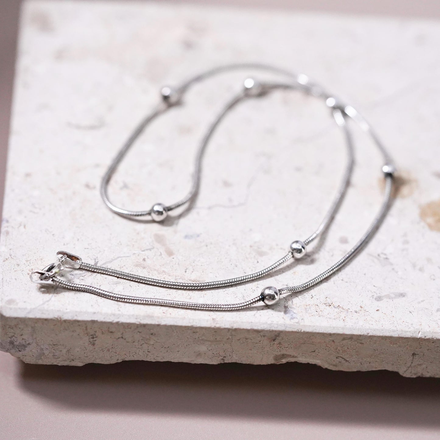 16” 1mm, vintage Sterling silver handmade necklace, 925 snake chain with beads